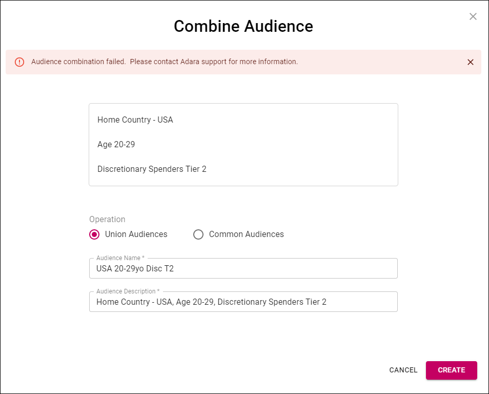 Cortex Catalog - **Combine Audience** modal view for Unsuccessful Audience Combination
