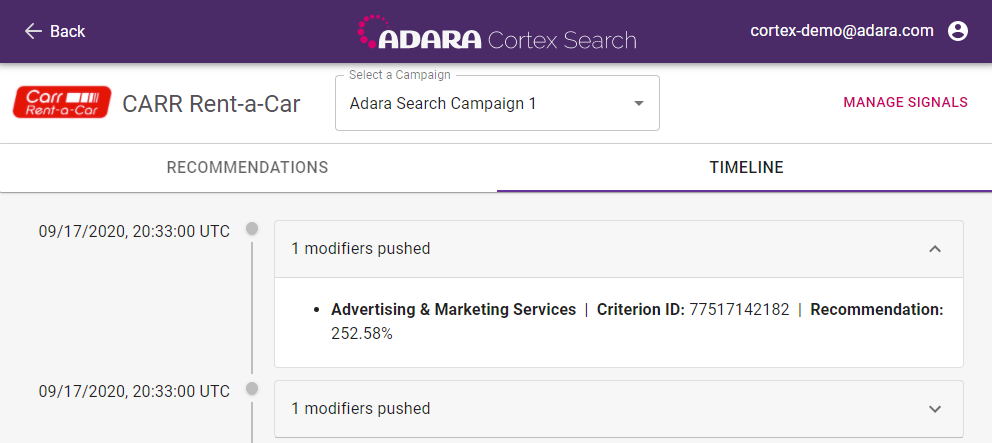 Cortex Search - expanded line-level detail within the **Timeline** tab