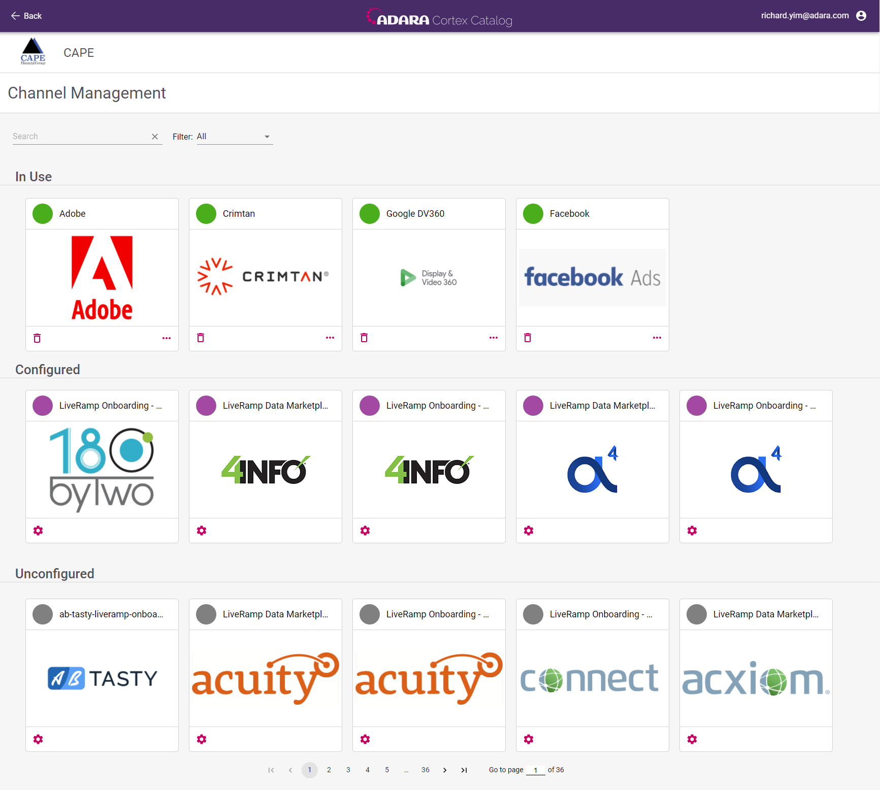 Cortex Catalog - Channel Management page