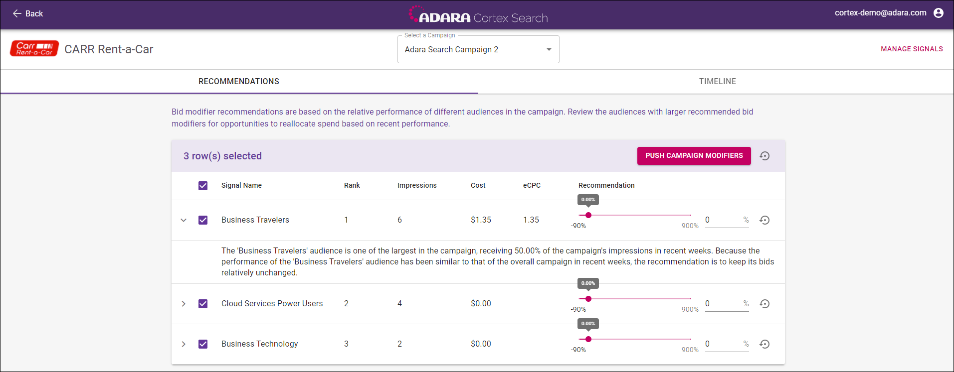 Cortex Search - **Recommendations** tab in the Bid Modifier View with expanded detail