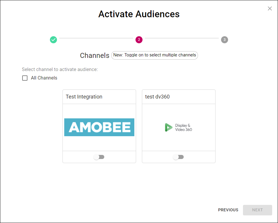 Cortex Catalog - **Activate Audiences** modal view to Select Channel (no channels toggled on; 4 channels selectable, 1 not)