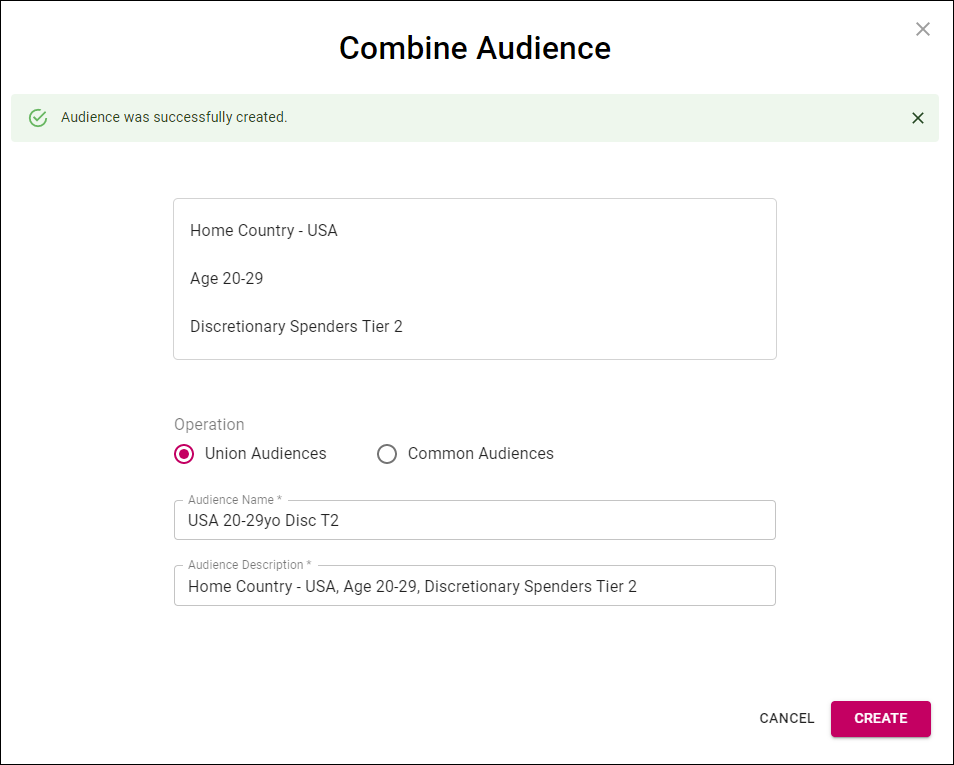 Cortex Catalog - **Combine Audience** modal view for Successful Audience Combination