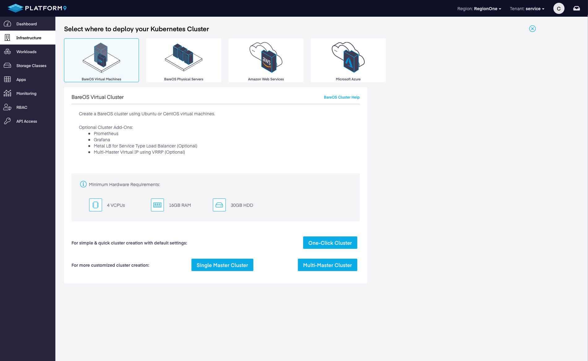 Platform9 UI – Infrastructure - Clusters - Deploy