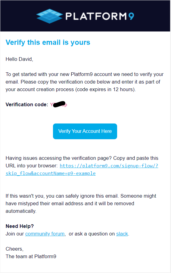 Platform9 – Verification Email