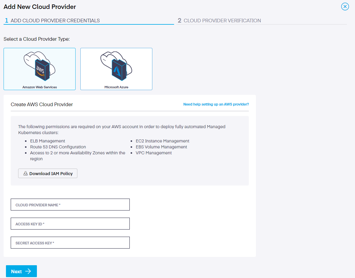 Platform9 – UI - Add New AWS Cloud Provider