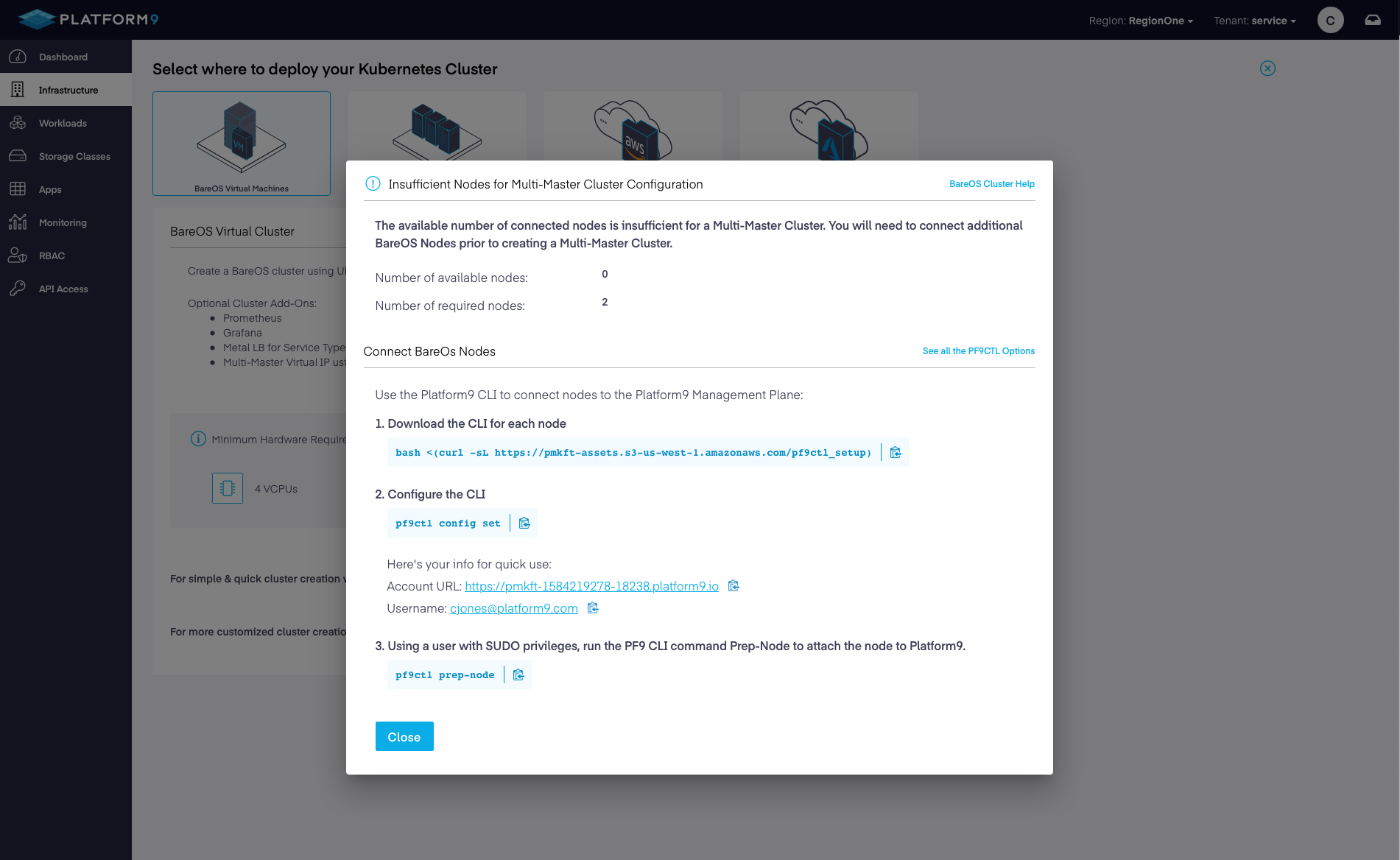 Platform9 UI – Infrastructure - Clusters - Deploy - Multi-Master – Insufficient Nodes
