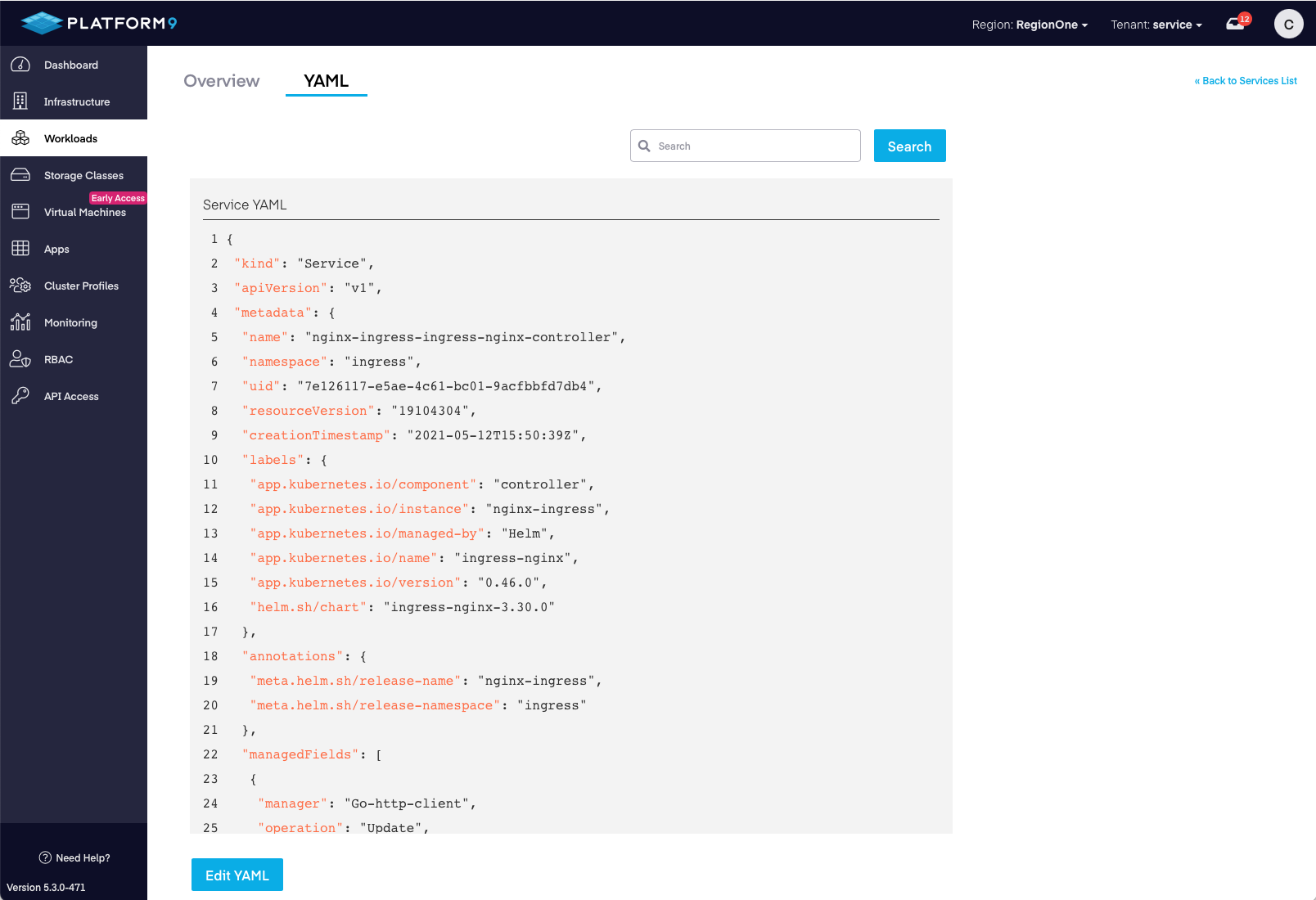 Edit Service YAML