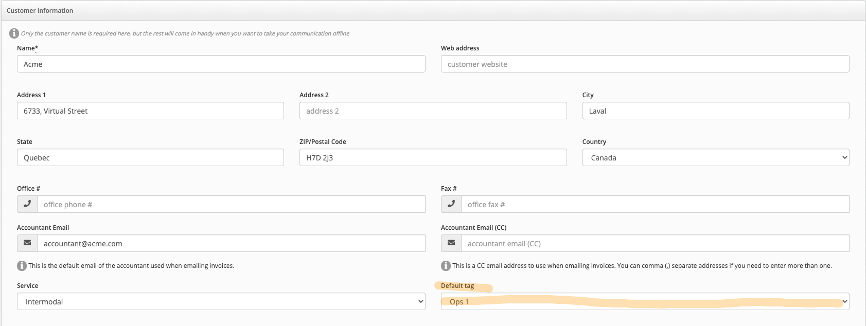 Setting the default tag for a customer