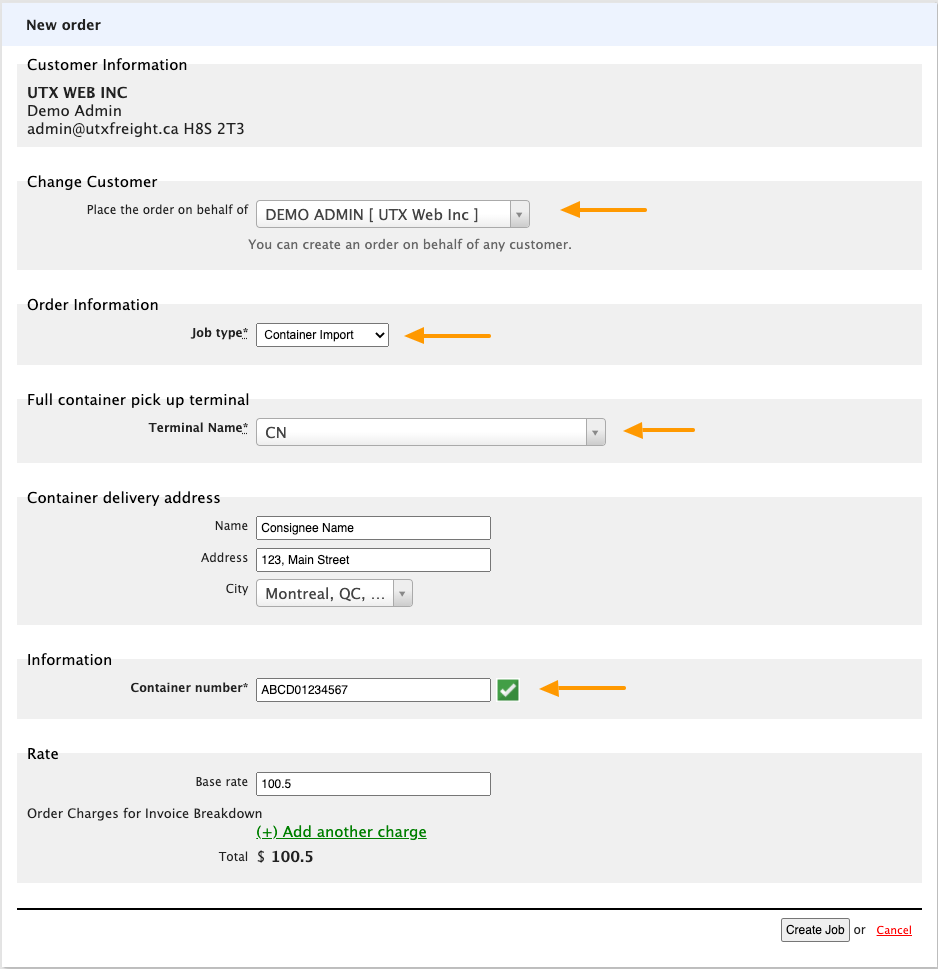 Create new Import Order form