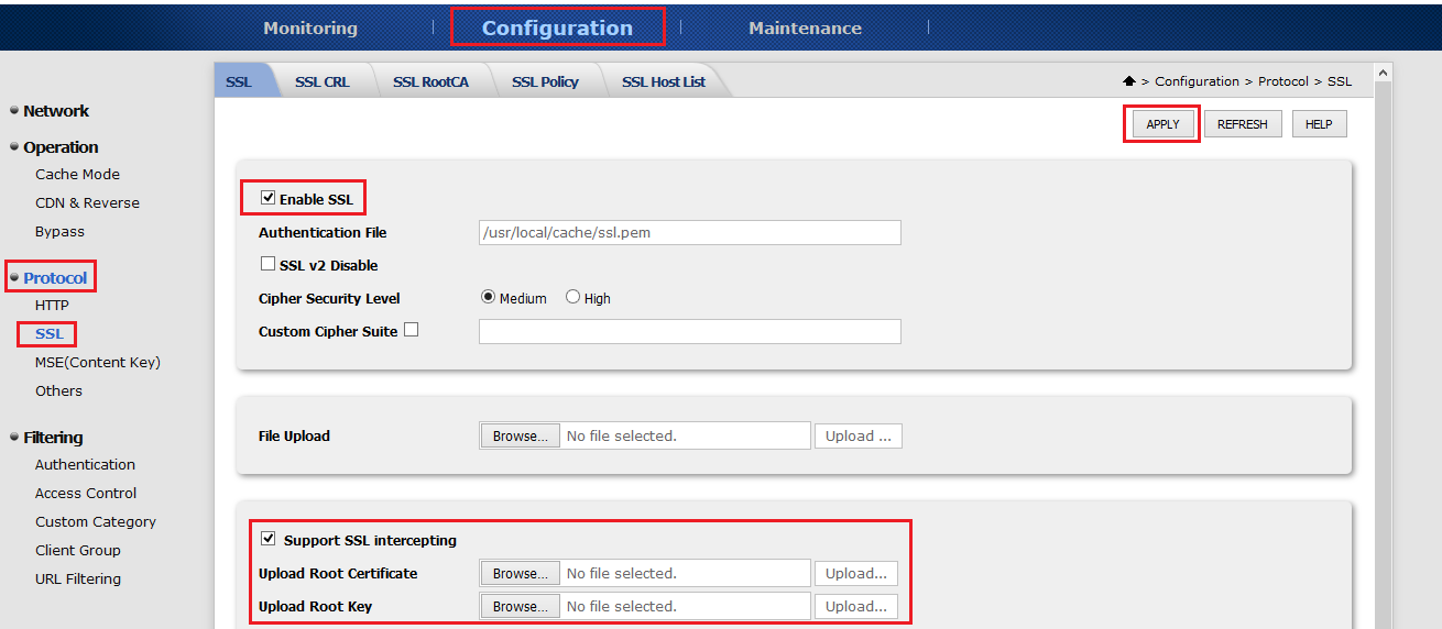 images/download/attachments/4864665/jaguar5k_webadmin_3.PNG
Scanning HTTPS Content
- Go to the Configuration page
- From the menu on the left, select SSL under the Protocol group
- Check the Enable SSL checkbox
- Check the Support SSL intercepting checkbox
- Upload root certificate
- Upload root key
- Apply changes and restart the device
![images/download/attachments/4864665/jaguar5k_webadmin_4.PNG