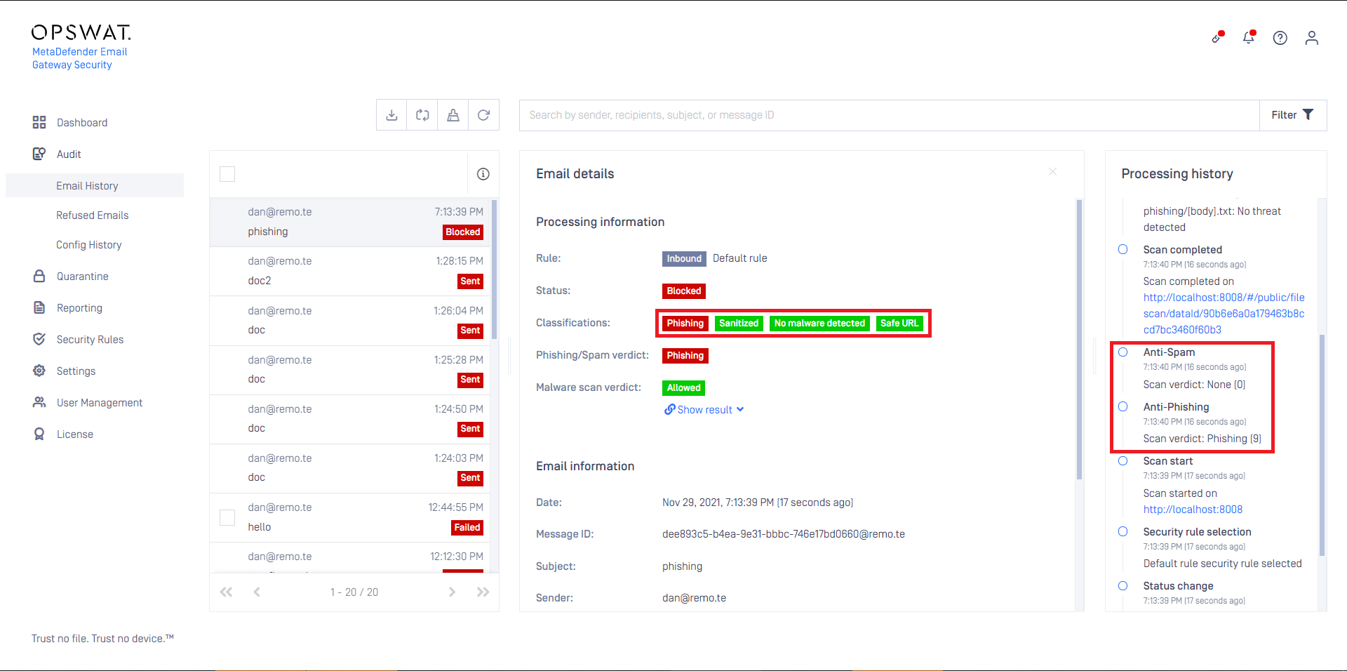 Email Gateway Security 5.5.0 phishing classification