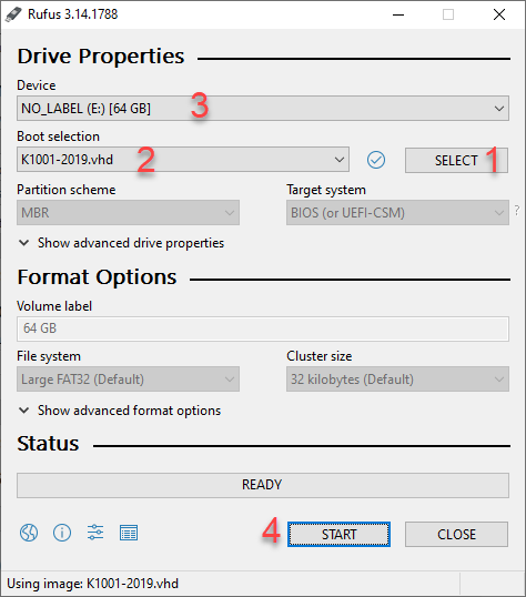 1. Press Select button.
2. Select the vhd file under the extracted folder.

3. Select the available USB flash drive.
4. 
Press START Button.