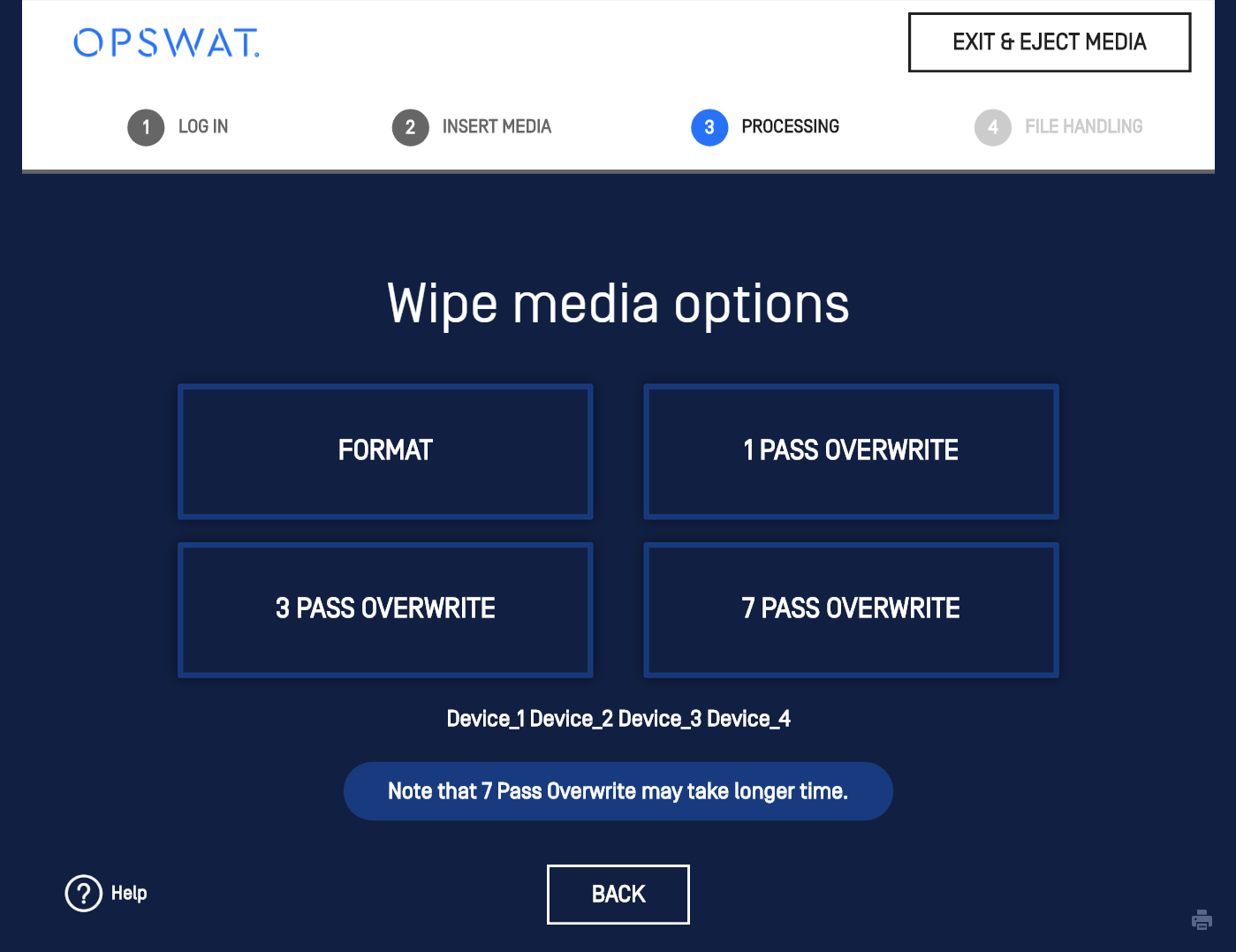 Image: "Wipe Media Options" screen on Kiosk UI
