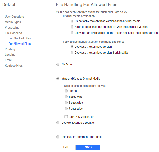 Image: "File Handling for Allowed files" on Kiosk configuration page