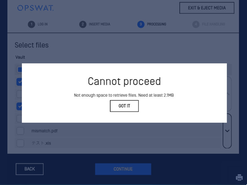 Image: "Cannot proceed" tab pop-up when there is not enough data space on Kiosk