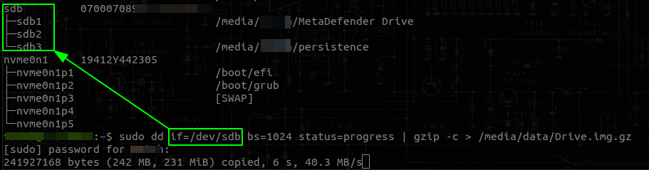 A Linux terminal window showing all the mounted Drives