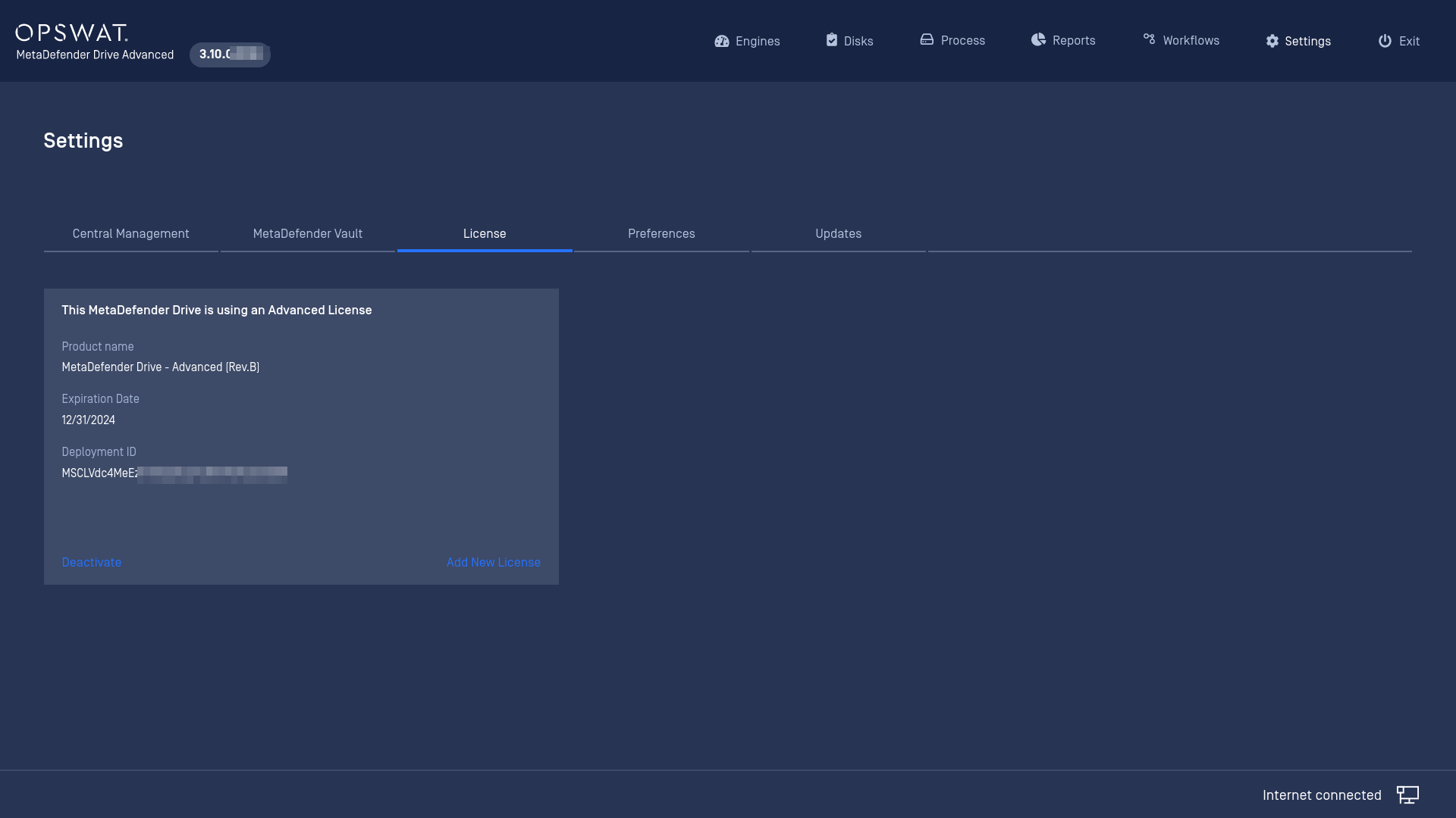 MetaDefender Drive license settings page
